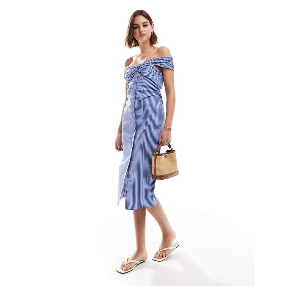 MANGO Off-Shoulder Striped Midi Dress 💙🤍 NWT - Picture 15 of 16